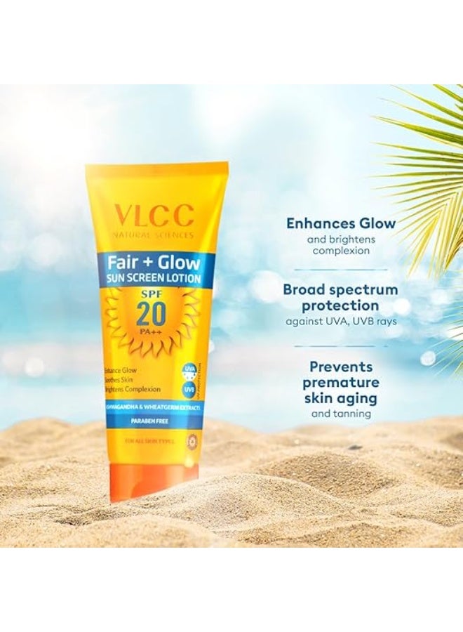 VLCC Fair + Glow Sun Screen Lotion Spf 20 PA++ - 50ml | Brightening Formula Sunscreen | Zero White Cast SPF | Non-Greasy Sunscreen | With Ashwagandha, Carrot & Wheatgerm Extracts. - Image 3